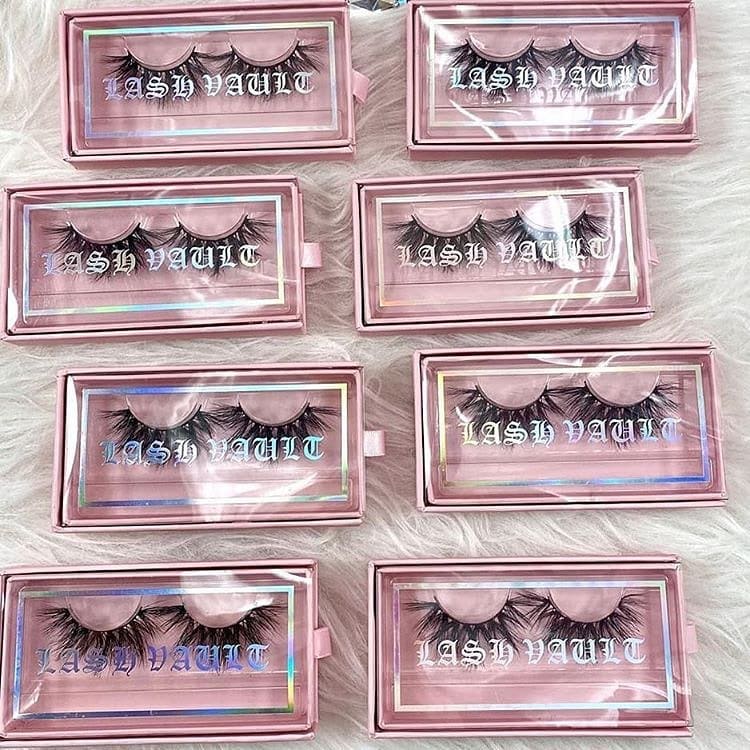 pink lash boxes with holographic logo